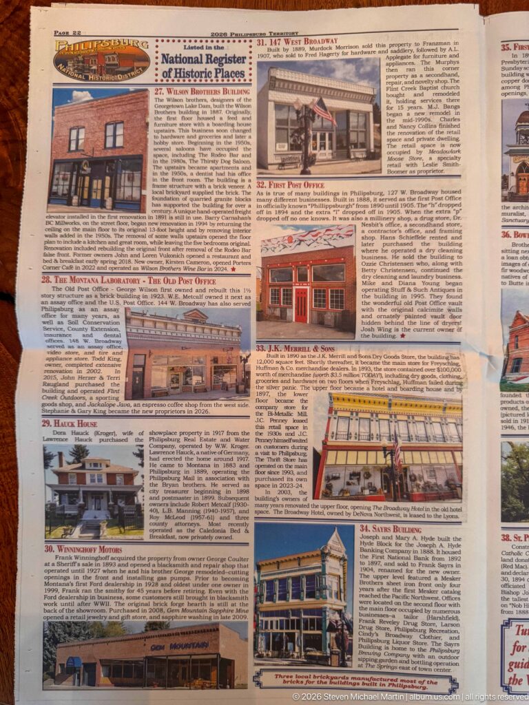 Walking-tour article page showing entries 27–34, including Wilson Brothers Building, old post office, J.K. Merrill & Sons, and Sayrs Building.