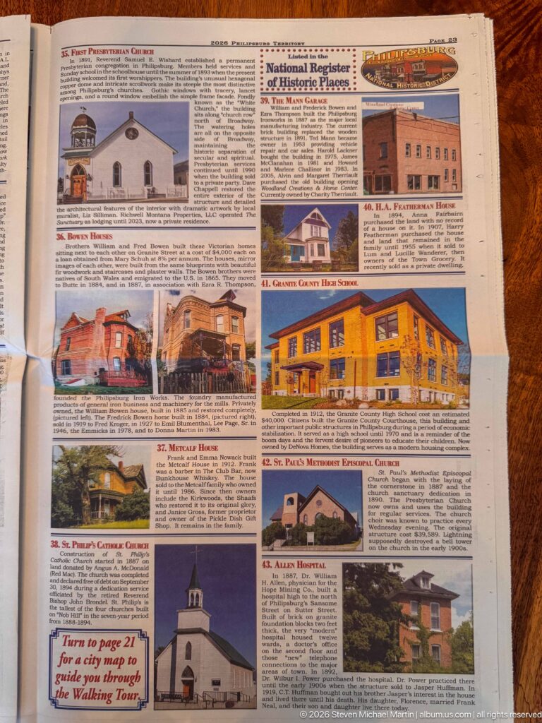 Printed Philipsburg walking-tour guide with photographs of churches, hotels, and other prominent community buildings.