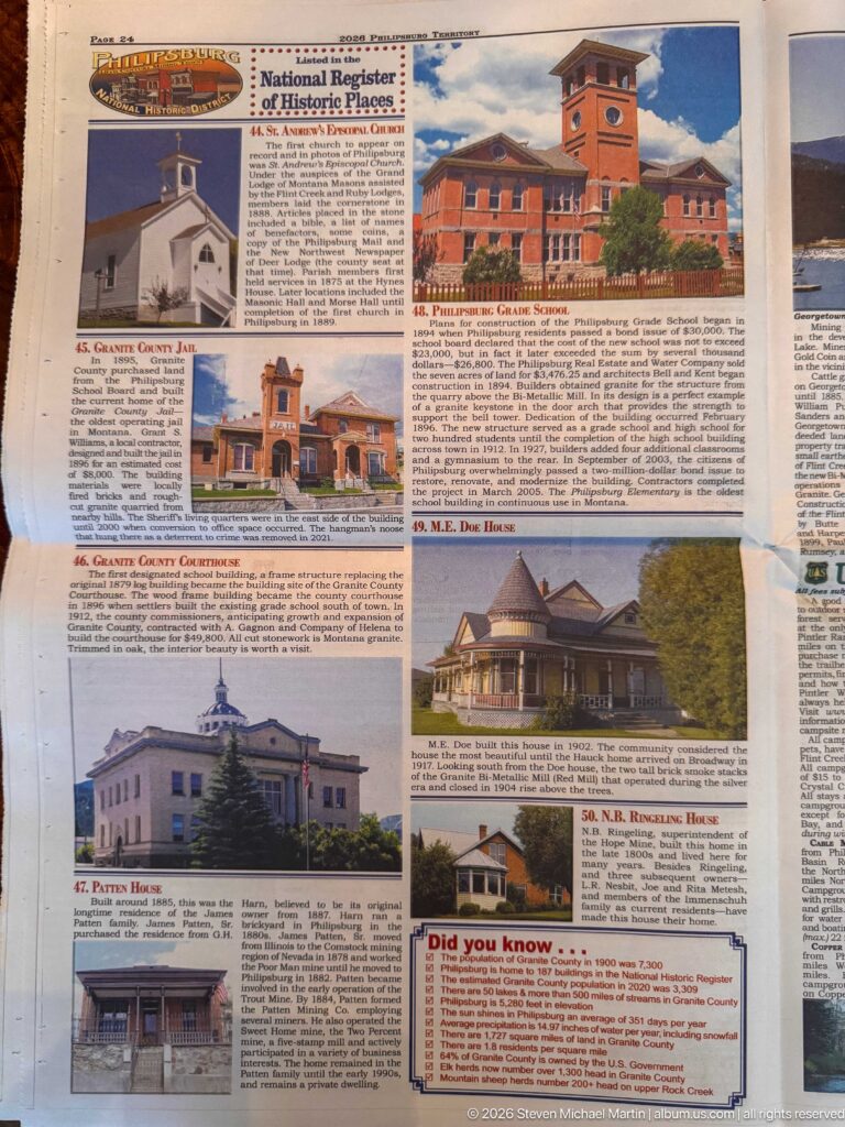 Philipsburg historic walking-tour page with St. Andrew’s Episcopal Church, Granite County Jail and Courthouse, grade school, and historic houses.