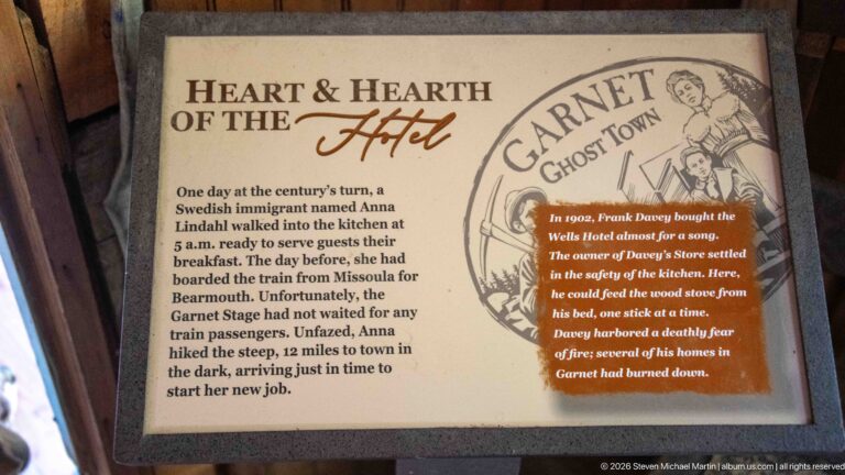 Wells Hotel interpretive panel titled The Heart & Hearth of the Hotel, with text about cook Anna Lindahl and the hotel kitchen.