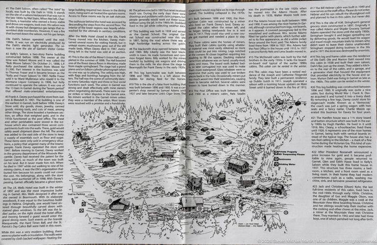 Historical text panel with a hand-drawn bird’s-eye map of Garnet showing numerous labeled buildings across the townsite.