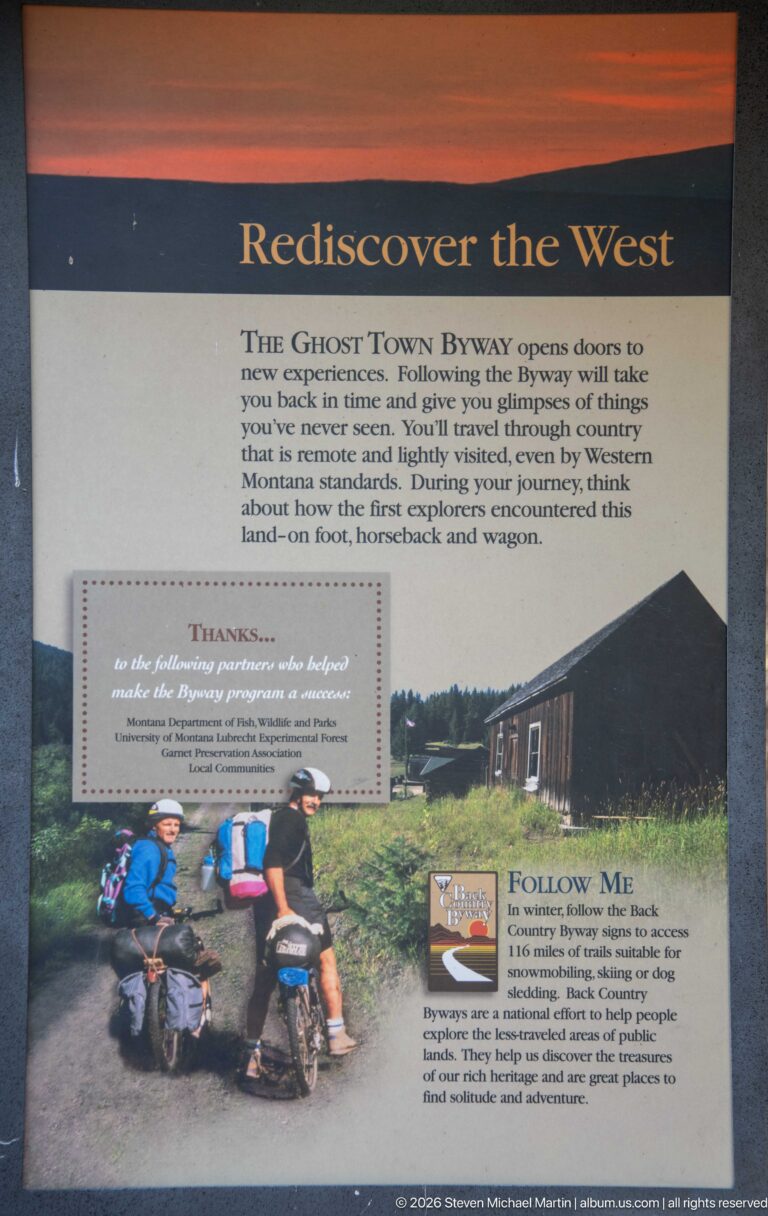 Rediscover the West panel about the Ghost Town Byway, with cyclists on a road and a smaller historic-building photograph.