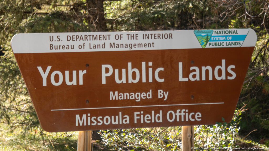 Brown Bureau of Land Management sign reading Your Public Lands, Managed By Missoula Field Office, among forest vegetation.