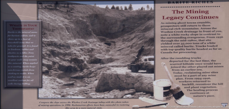 Barite Riches interpretive panel with a large photograph of an open mine excavation and text about later mining and reclamation.
