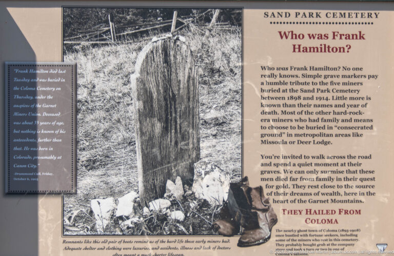 Sand Park Cemetery interpretive panel titled Who was Frank Hamilton? with a historic grave-marker photograph and cemetery text.