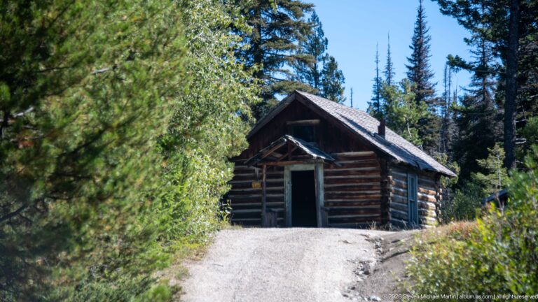 Small log cabin with dark gable roof and open doorway at the end of a gravel path among pine trees.