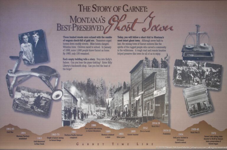 Large Garnet history timeline with central historic streetscape, portraits, mining images, artifacts, and dated milestones along the bottom.