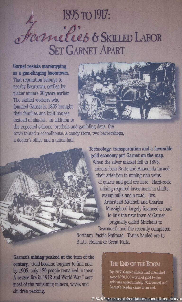 Interpretive panel titled 1895 to 1917: Mines & Skilled Labor Set Garnet Apart with historic mining photographs and text.