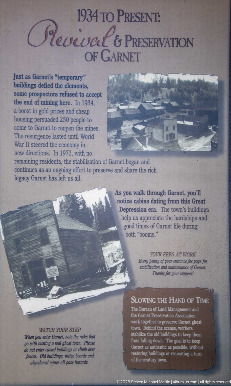 Interpretive panel titled 1934 to Present: Revival & Preservation of Garnet with historic photographs of buildings and preservation text.