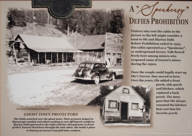 Interpretive panel titled A Speakeasy Defies Prohibition with historic building photographs and a section about ghost-town protectors.