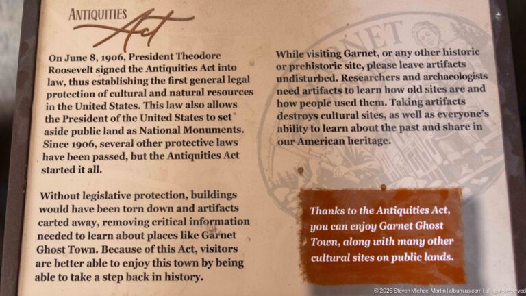 Interpretive panel explaining the 1906 Antiquities Act and asking visitors to leave historic artifacts undisturbed at Garnet.