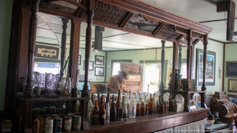 Historic store interior with a long counter, rows of bottles and cans, turned wooden posts, shelves, and display cases.