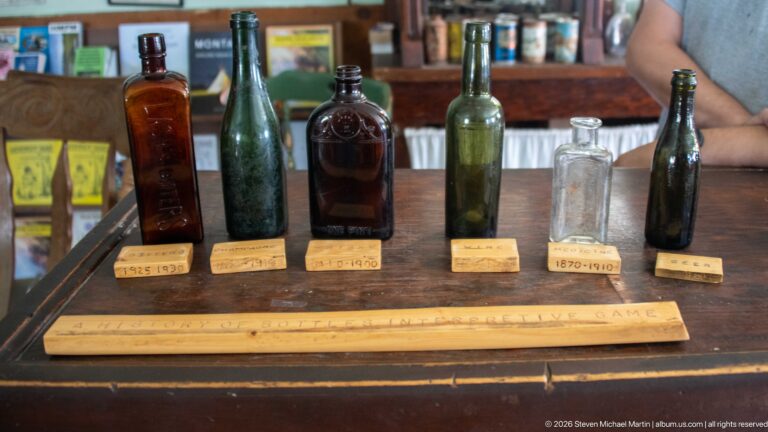 Row of amber, green, clear, and dark glass bottles with small handwritten date labels displayed on a wooden counter.